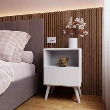 Mesa De Luz Nordica Retro Dormitorio 1 Estantes 1 Cajon - Uh