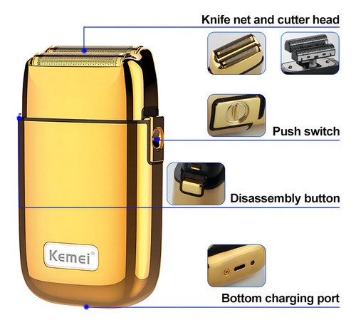 Afeitadora Recargable Kemei Km-tx1 Dorada Silenciosa Usb Carga Rápida Dorado - Imagen 4
