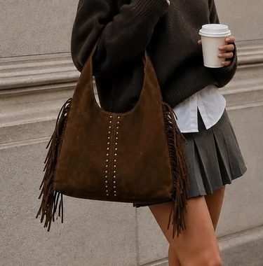 Bolso Cartera Para Mujer Gamuza Con Flecos Y Tachas Tinto.uy